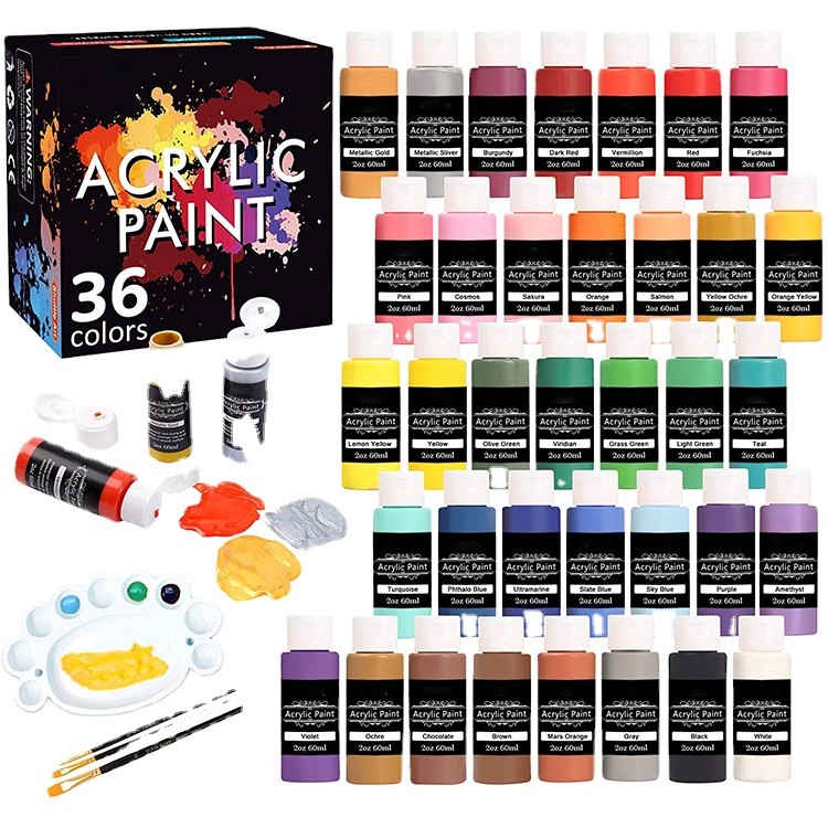 36 Colors (60ml, 2oz) with 3 Brushes & 1 Palette kids art acrylic paints set