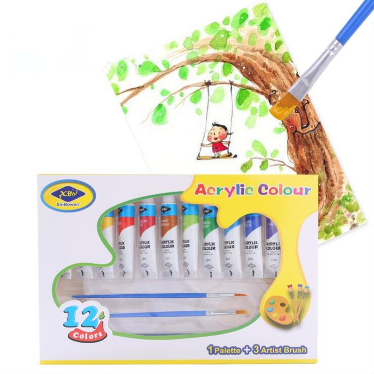 New Arrival Professional Non-Toxic 12 Colors 12ML Acrylic Colour Paint Set With 3 Brush And 1 Palette