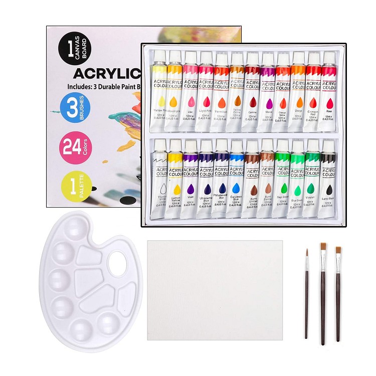 24 color acrylic paint set hot sell 24 12ml acrylic paint set with 3 brushes for Canvas, Wood, Clay, Fabric, nail acrylic paint