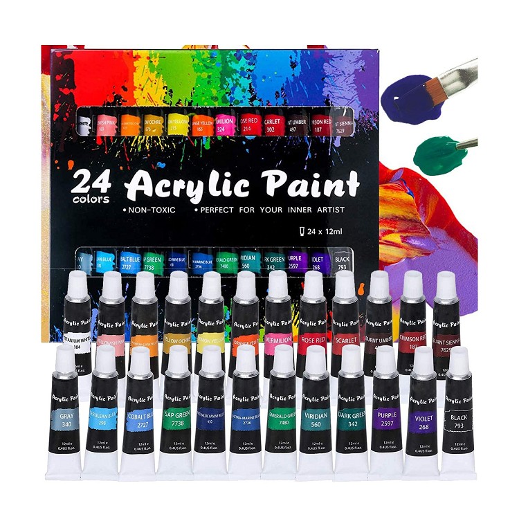 artist paint 24colors studio acrylic paint with 3 brushes for art