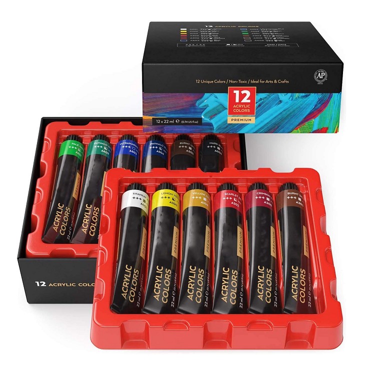 acrylic paint 12 colors 22ml tube acrylic paint with Storage Box for Artist & Hobby Painters, Art Supplies