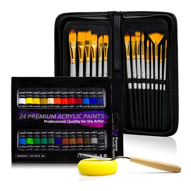 non toxic acrylic paint set 12ml 24 colors paint with 15pcs brush in canvas bag for art
