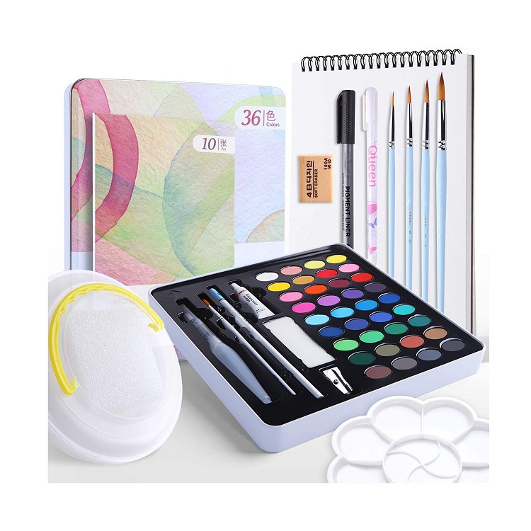 36 colors watercolor paint set with 6 Brushes,Palette,10 pcs Paper,Folding Bucket and More professional watercolors for art