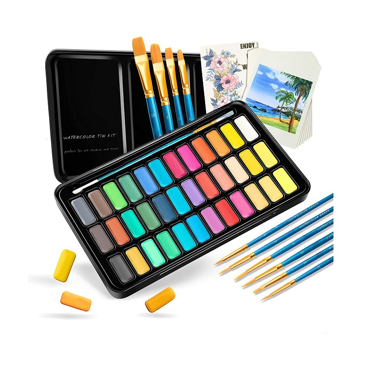 36 colors watercolor paint set with Brushes, 8 pcs Paper water activated paint for art and student water color paint