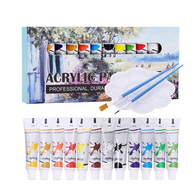 high quality 12 colors 12ml acrylic paint 2pcs paint brush and 1 palette artist painting kit for painting