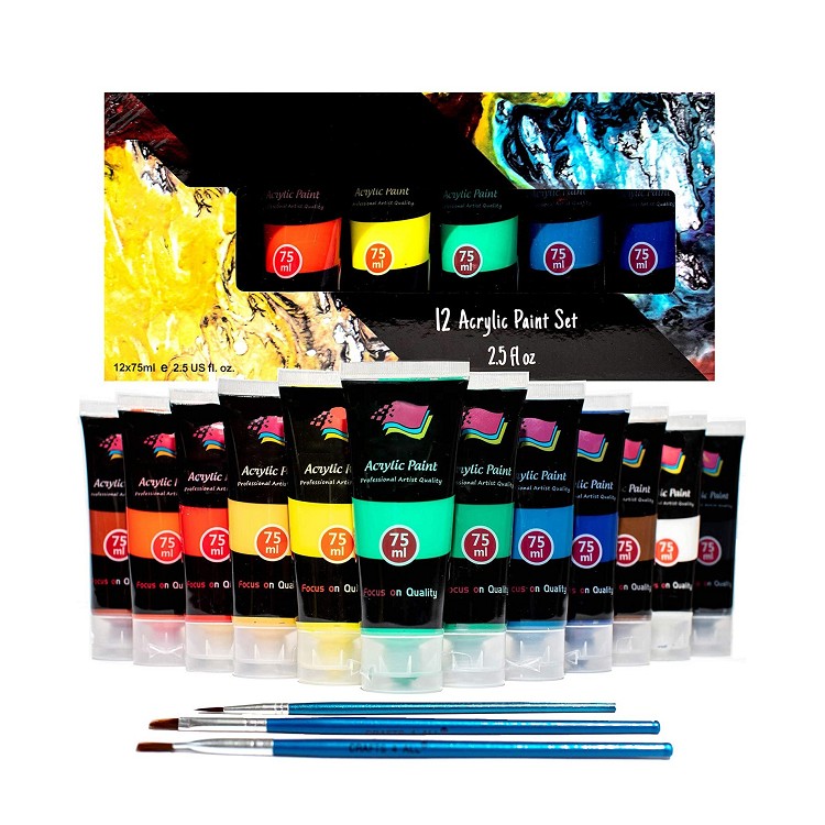 art supplies 75ml tubes vivid colors acrylic paint set with 3 brushes for beginners, students or artists,