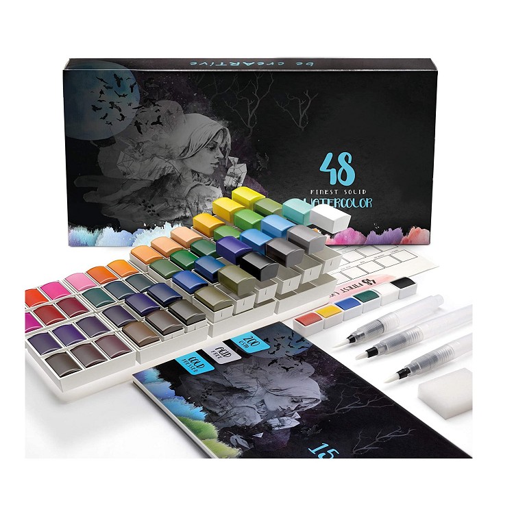 high quality multi colors watercolor paint set with 15 Paper Pads 3 Water Brush Pens Palette and Sponge