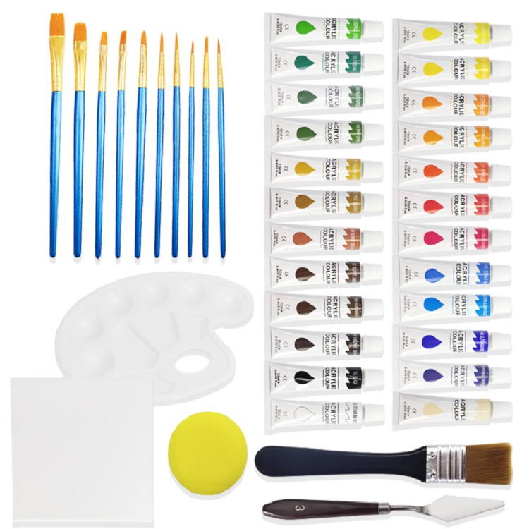 24 Vivid Colors Art Craft Supplies Rock Wood Ceramic for Canvas Painting Acrylic Paint Brush Kit