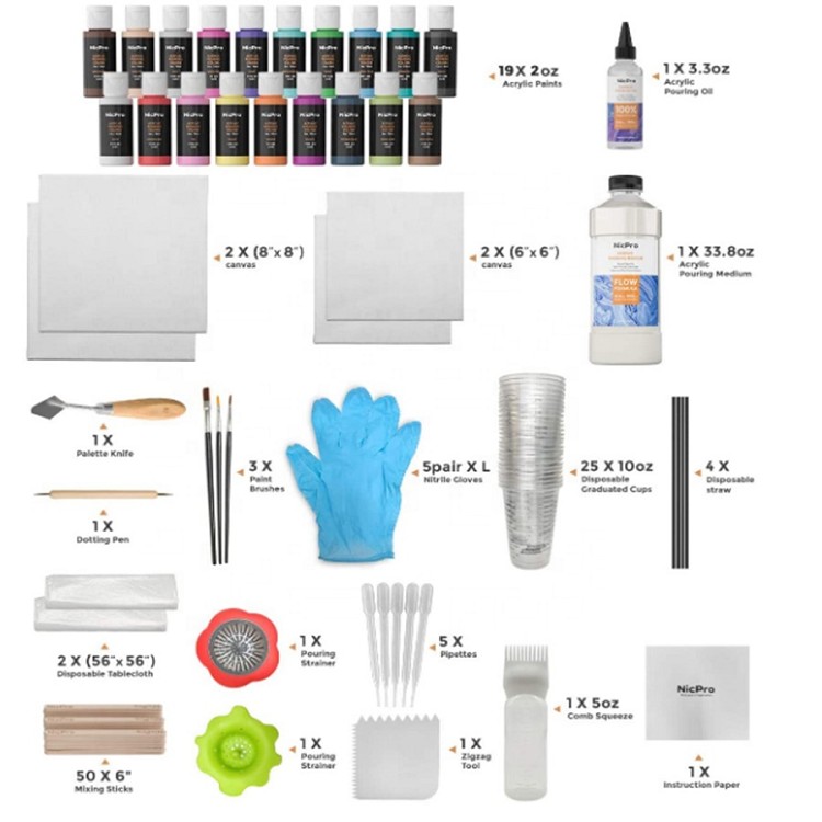 factory wholesale full set Acrylic Pouring Kit- Includes Acrylic Paint, Pouring Medium, Silicone Oil, Tarps, Gloves
