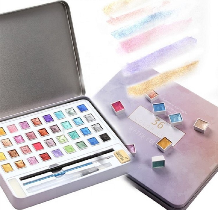 OEM ODM 36 colors glitter metallic solid pearl watercolor pearly watercolor paint