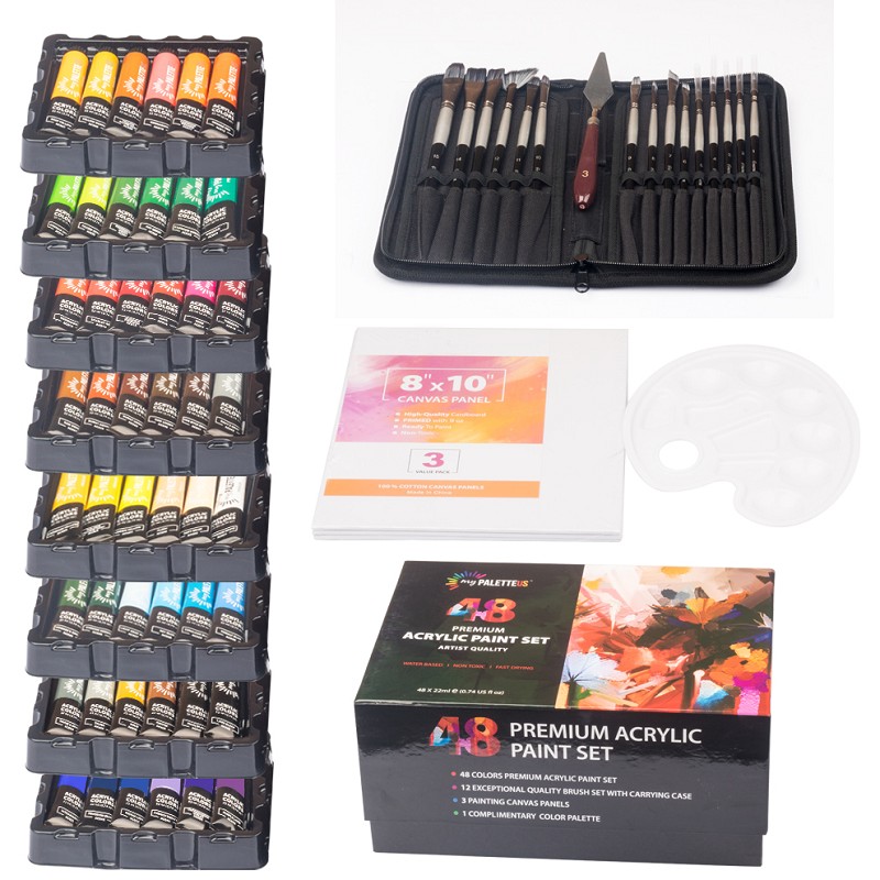 Hot Sale 48 Colors Artist Acrylic Paint Set In Coloring Paper Box With 12 Brushes 3 Canvases And 1 Palette