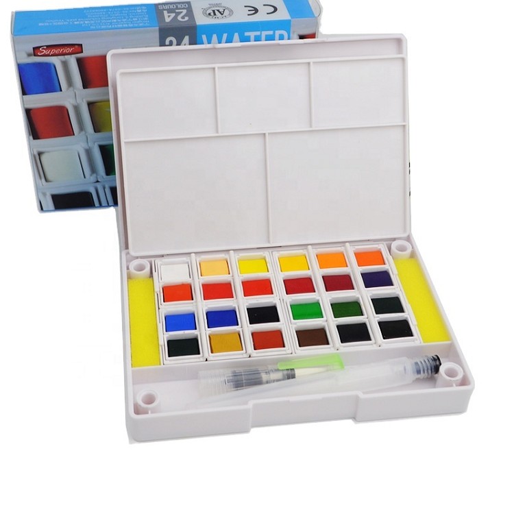 Superior Solid Watercolor Paint Set 24 Colors Travel Pigment Paints with Paintbrush for Students Art Supplies
