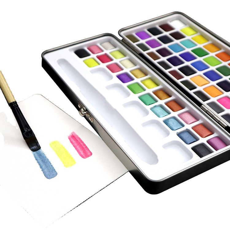 50 Colors Solid Watercolor Set With Tin-box & 1PC Water Brush Pen for Stationery