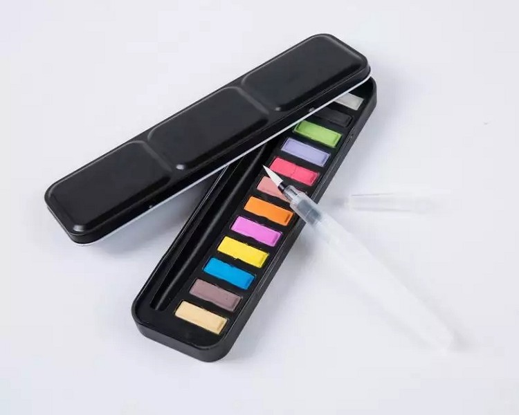 Black Tin Solid Cakes Children Painting Art Watercolor Paint Set With Brush pen
