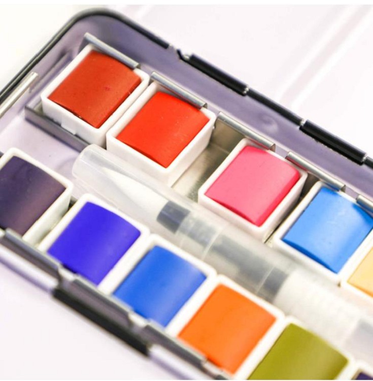 24 Colors Premium Solid Watercolor Half Pans in Tin Box 1 refillable Water Brush Pen Art Pigment Kit Perfect for Artists
