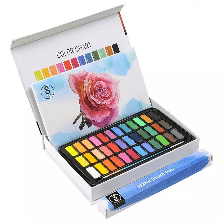Superior Solid Watercolor Paint Set Travel Pigment Paints with Paintbrush watercolor paper pad for Students Art Supplies
