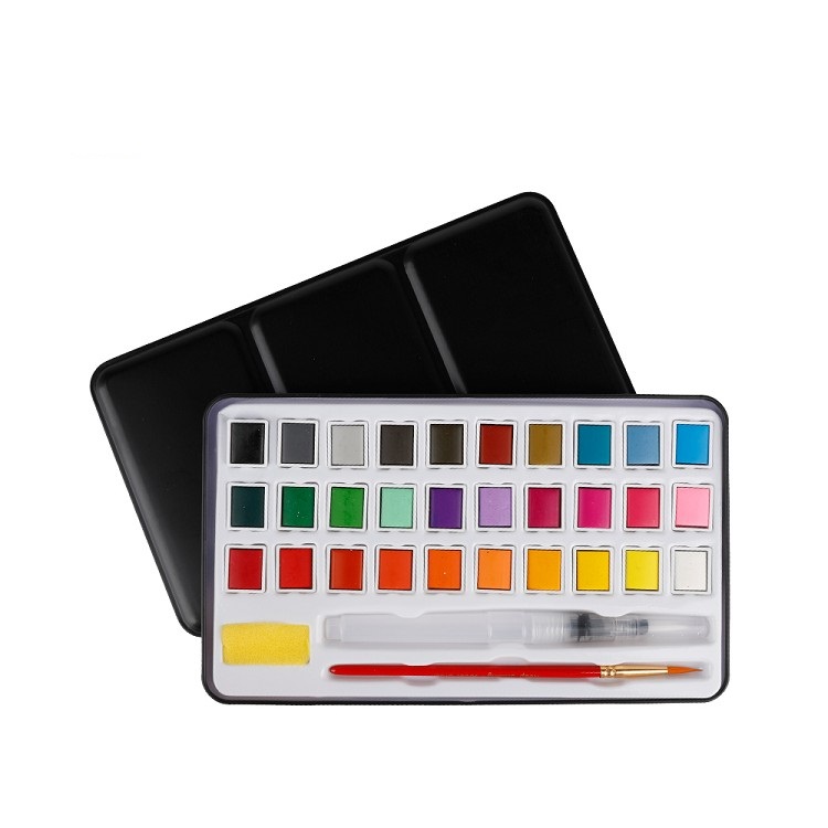 30 Colors Professional Kids Washable Solid Watercolor Paint Cakes Set With 2 Brushes