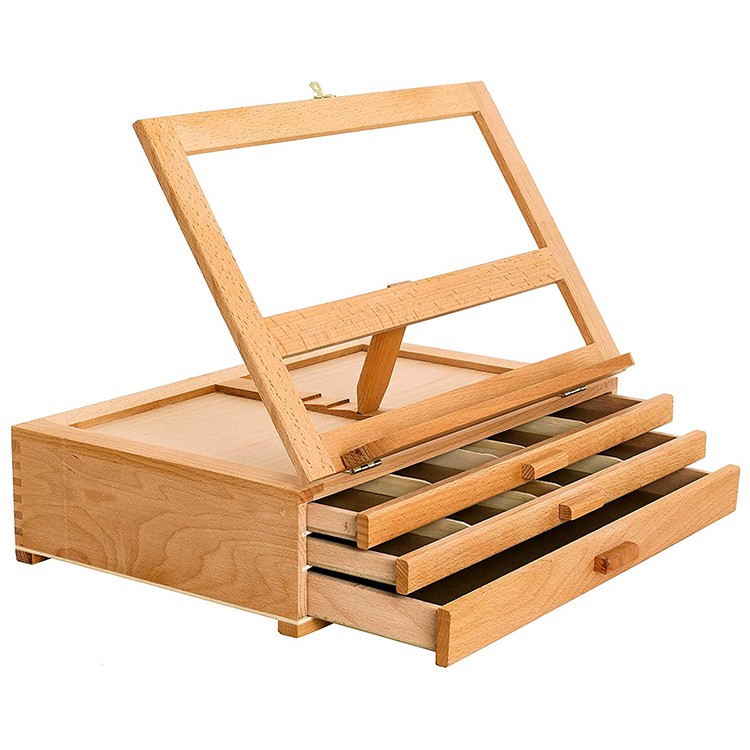 Premium Art Beechwood Adjustable Wooden 3-Drawer Storage Box Easel Set Wood Artist Desktop Case with Fold Down Canvas Easel