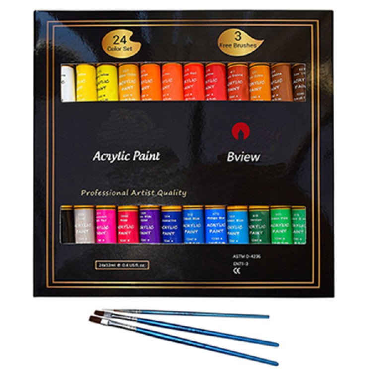 Premium quality 24 colours acrylic paint and 3 pcs paint brushes for artist ,students ,beginners