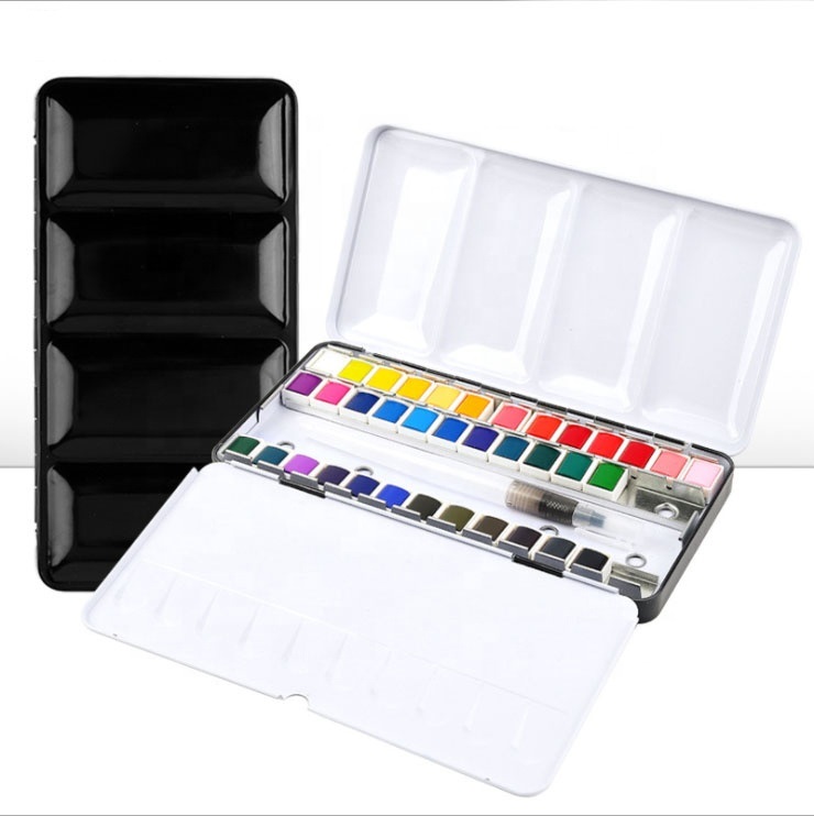  Professional 36 Vibrant Colors Non-toxic Solid Watercolor Paint Tin Box Set Dry Quickly With Paint Brush