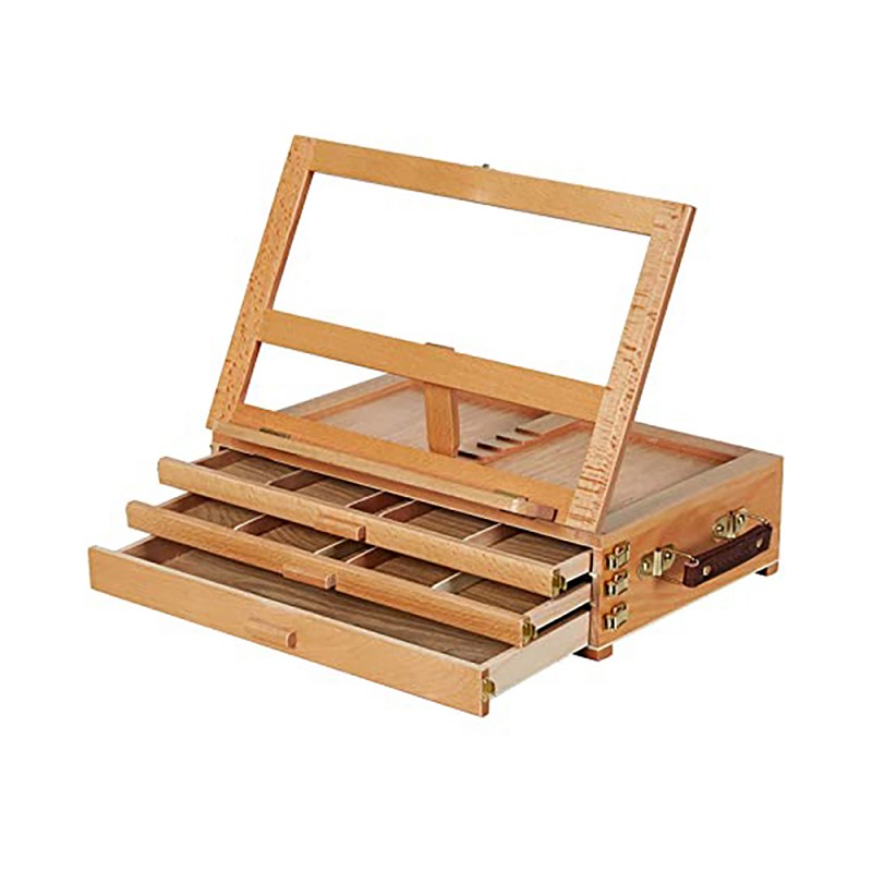 Adjustable Artist Tabletop Sketchbox Easel- Multi-Function Solid Beech Wood Storage Box Easel with 3-Drawer for Art