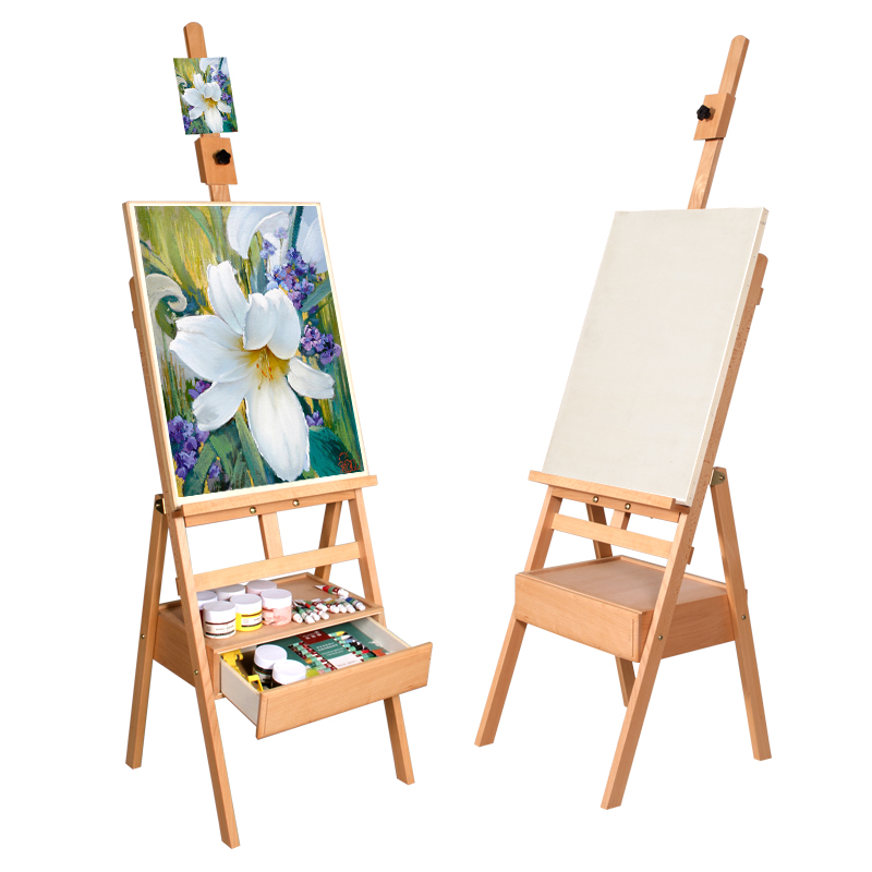Hight quality adjustable Large Beech Wooden Easel With Storage Drawer for painter