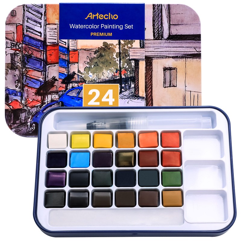 Watercolour Paint Set with 24 Vibrant Colors, Including Water Brush Pen, Sponge and Blank Color Chart in Watercolor