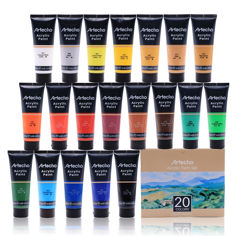 Acrylic Paint Set, 20 Colors 4.05 oz/120ml tube Art Paint Supplies for Canvas, Crafts, Wood, Fabric, Leather&Stone