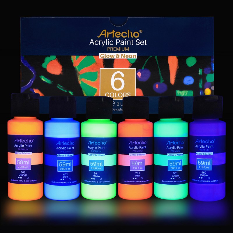 Acrylic Paint Set of 6 Neon Glow in the Dark Paint, 2 Ounce/59ml Paint for Art Paint, Decorate, and many surface
