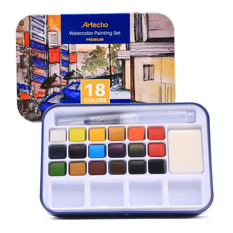 Watercolour Paint Set with 18 Vibrant Colors, Including Water Brush Pen, Sponge and Blank Color Chart in Watercolor