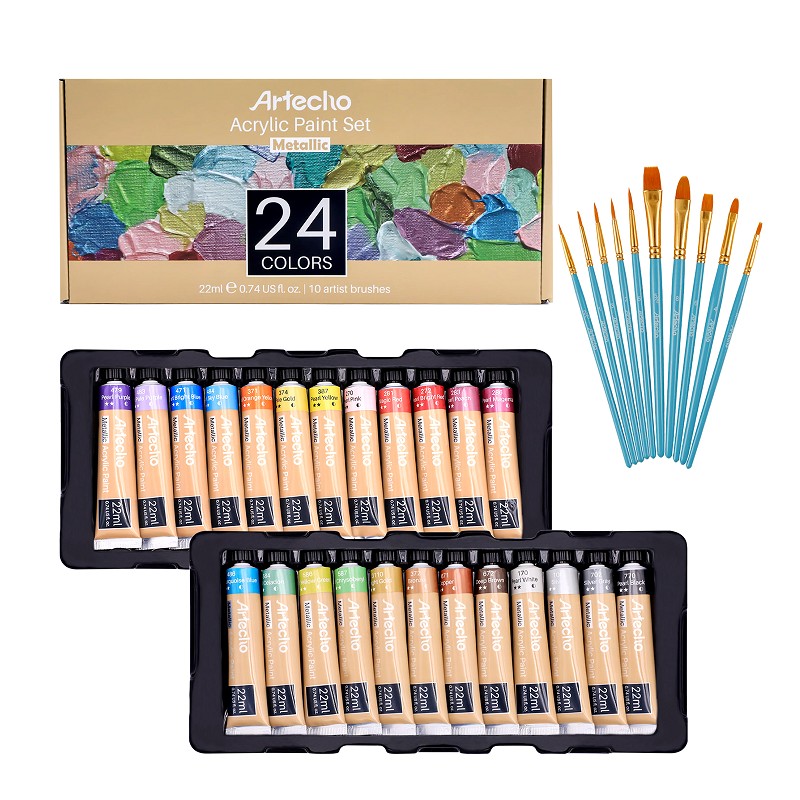 Acrylic Paint Set of 24 Colors, 22ml / 0.74oz Metallic Paint Kit with 10pcs Brushes Supplies for Canvas