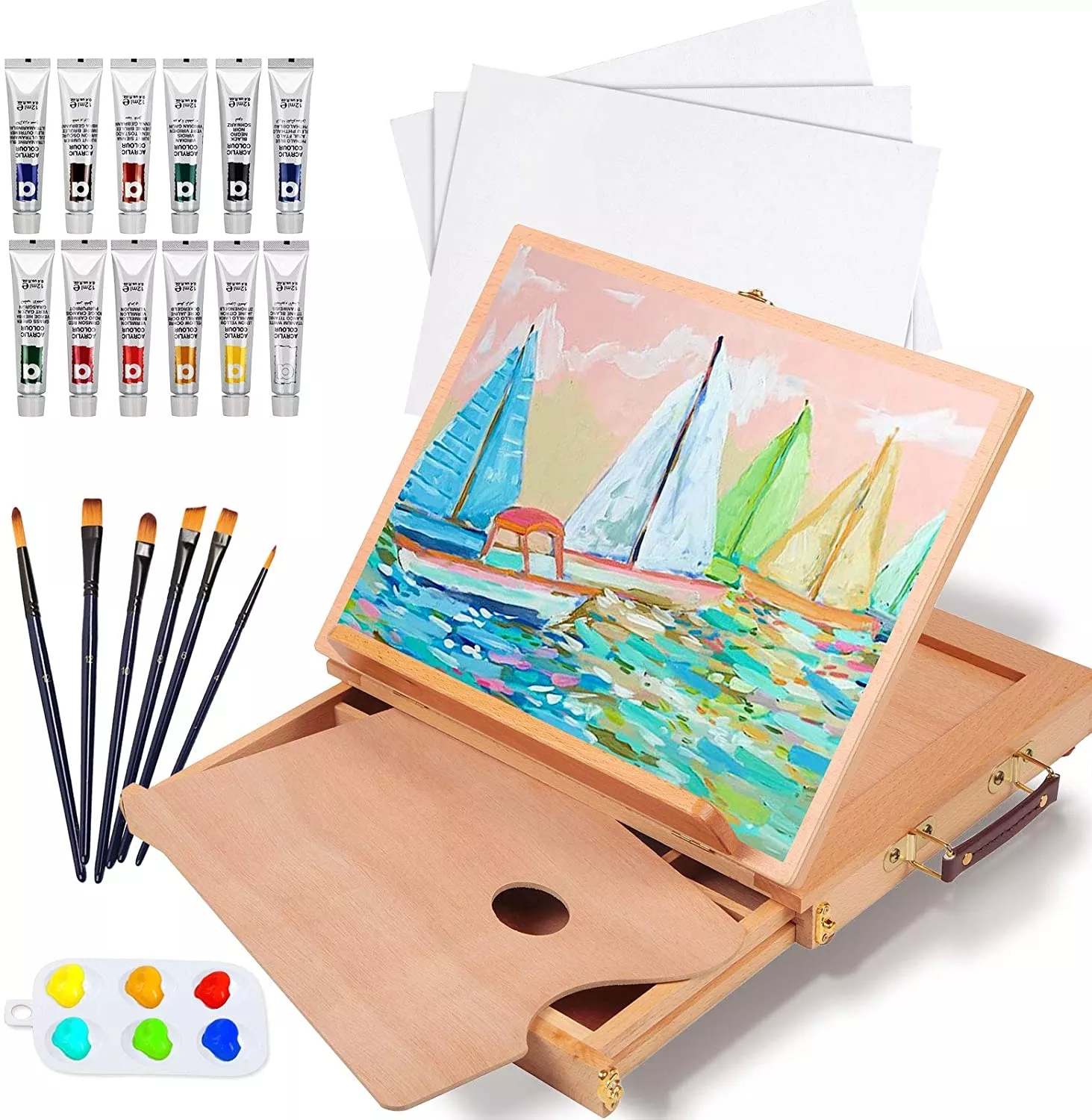 24 Pieces Tabletop Easel Set With 12 Tubes Acrylic Paints, Canvas Panels, Brushes, Palette