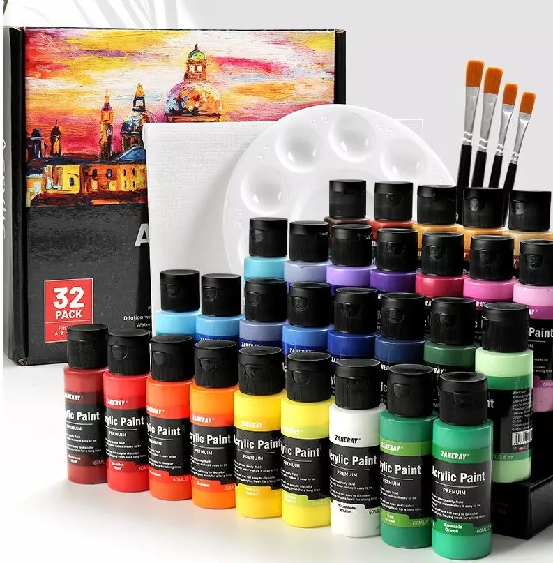 32 Colors Acrylic Paint No Fading Rich Pigment Matte Acrylic Paint Set of 32 Colors 2fl oz 60ml Bottles for Adults