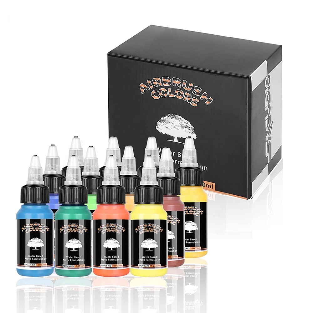 Art Supplies 12x30ml Basic Color Waterproof Quick Drying Acrylic Airbrush Paint Set for Shoes Leather Wall