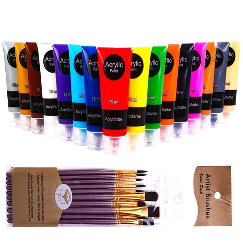 75ML Acrylic Paints Tube Set with Paint Brushes for Canvas, Wood, Rock, Fabric DIY Arts Crafting
