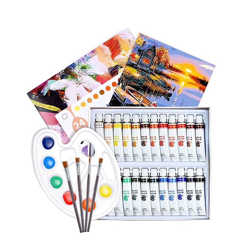 Popular 24 Colors Aluminum Tube Acrylic Paint Set With Canvas Panel 5 Pcs Paint Brushes
