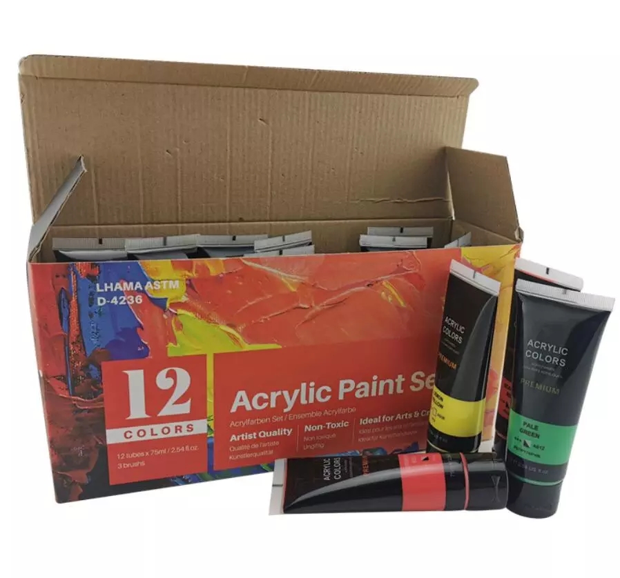 Acrylic Paint Set for Painting 12 Colors(2.54 oz/75ml), Water-Based Blendable Paints, Art Supplies for Canvas Wood Rocks Fabrics