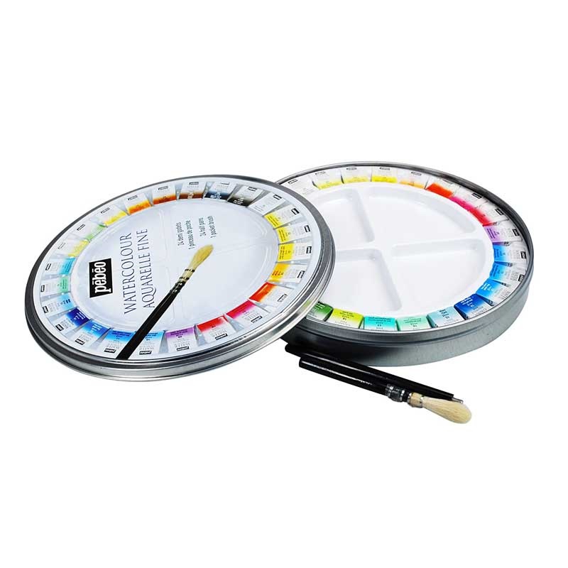 Pebeo Fine Metal Round Painting Box Watercolour Palette Kit With Brush