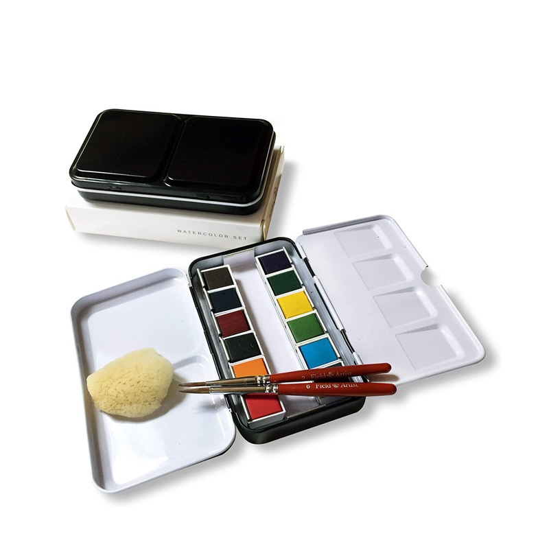 Art 12 Colors Removable Watercolor Paint Pocket Box With Sponge Brushes