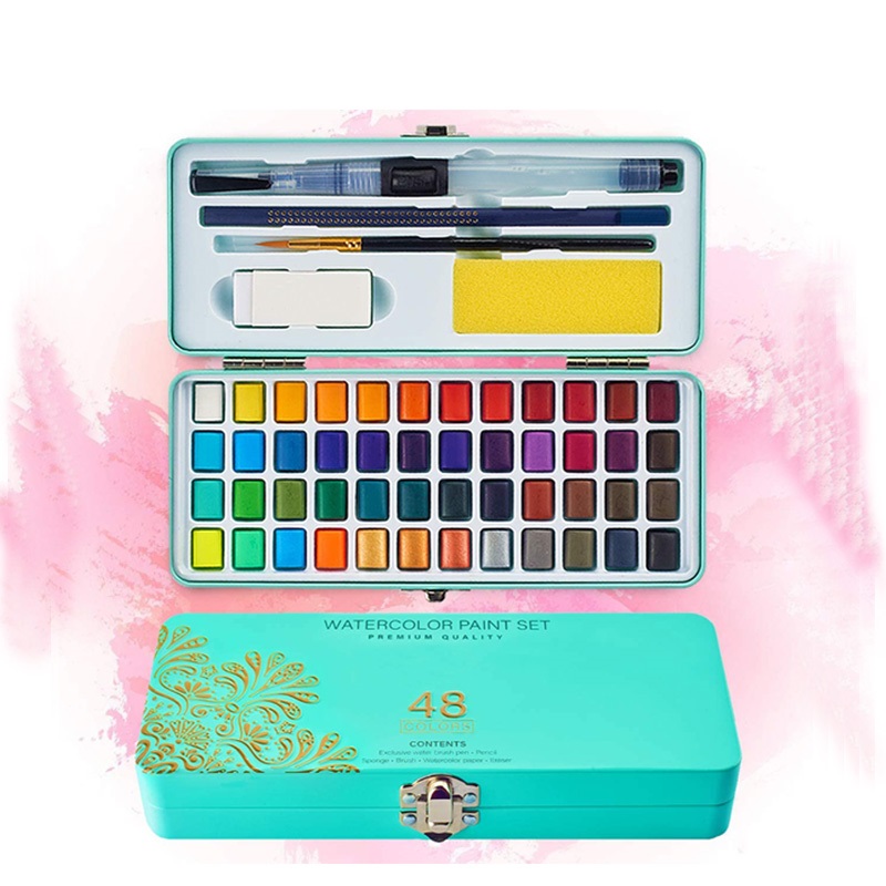 Art 48 Vivid WaterColors Paint In Portable Box Including Metallic And Fluorescent Colors