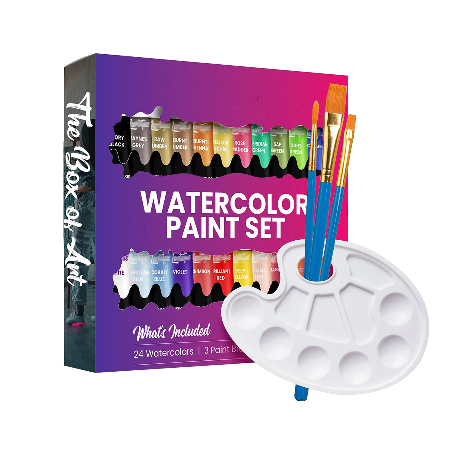 Art Supplies 12ml 24 Vibrant Watercolor Paint Color Tubes for Artist and Beginner Painting