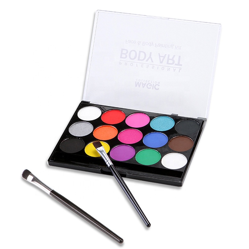 15colors Water Based Face Body Paint Set Painting Palette Makeup Kit with 2Pcs Professional Artist Brushes for Halloween Cosplay