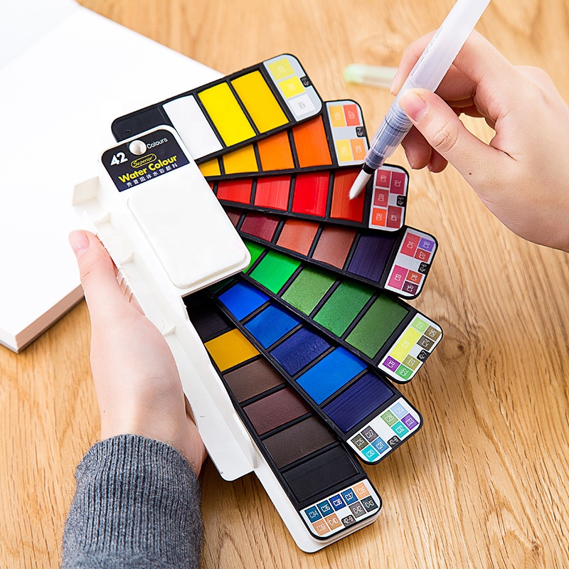 Superior 18/25/33/42 New Solid Watercolor Paint Set Fan Shape Foldable Pocket Travel Bright Water Color Pigment with Water Brush
