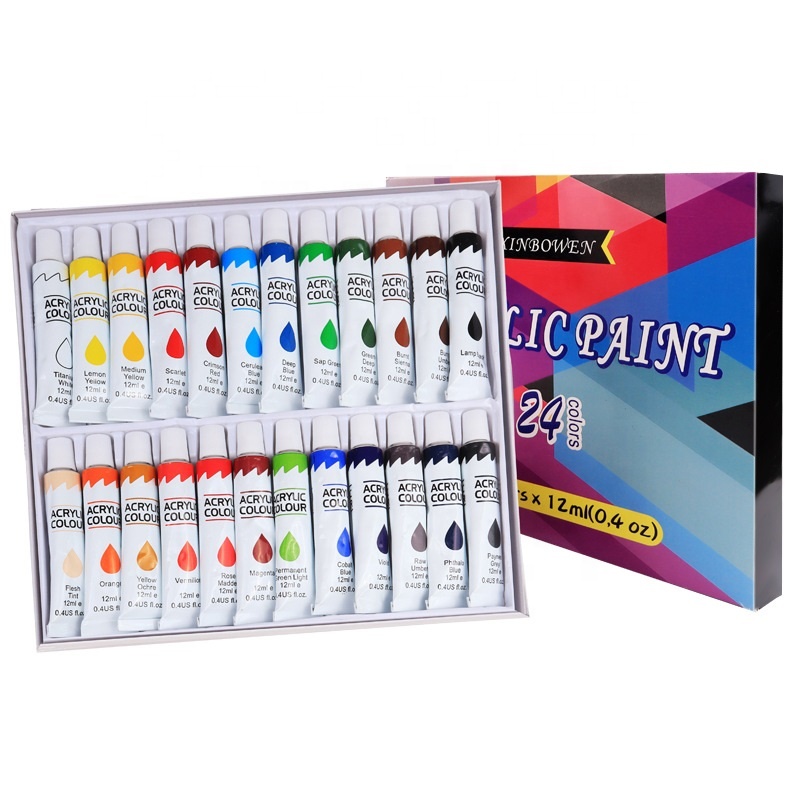 Wholesale 12ml Tubes 24 Colors Acrylic Paints Set for Fabrics Painting Clothing Pigments Include 3 Brushes 1 Palette & 2 Canvas