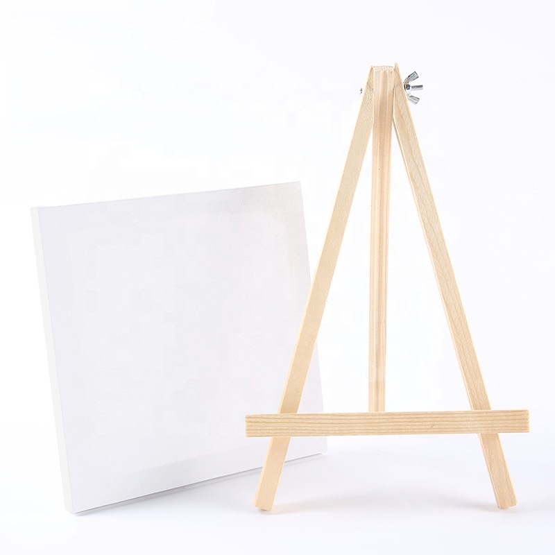Wholesale Kids Mini Canvas and Natural Wood Easel Set for Art Painting Drawing Craft Wedding Supply 20*20cm