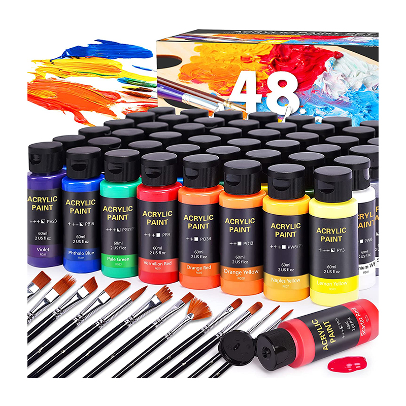 Acrylic Paint Set 48 Colors (2 oz/Bottle) with 12 Art Brushes Art Supplies for Painting Canvas Wood Ceramic & Fabric