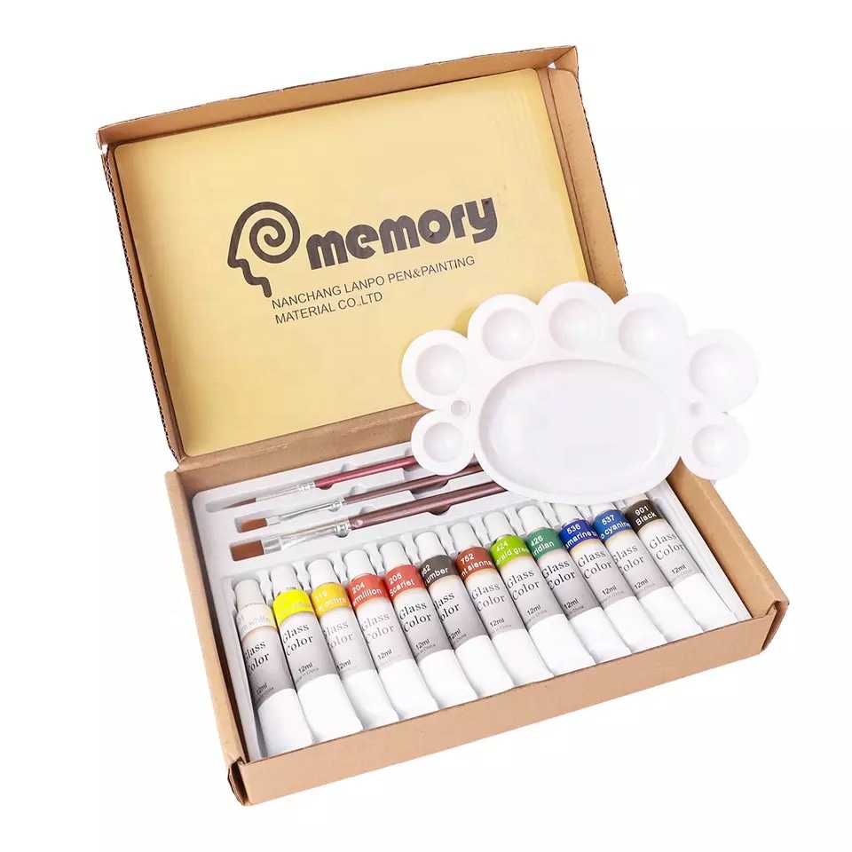 Hottest Amazon 12 colors 12ml Acrylic glass paint set pigment kit with 3 brushes and 1 palette for DIY art painting