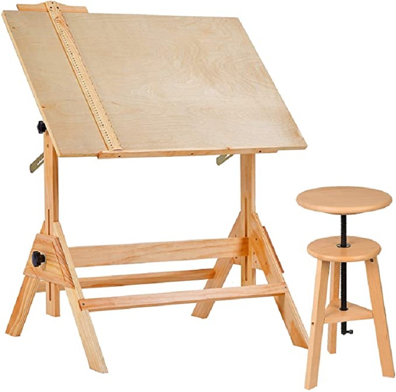 Solid Wood Writing Drafting Table Adjustable Height And Tiltable Tabletop for Artwork Artist Drawing Desk and Stool