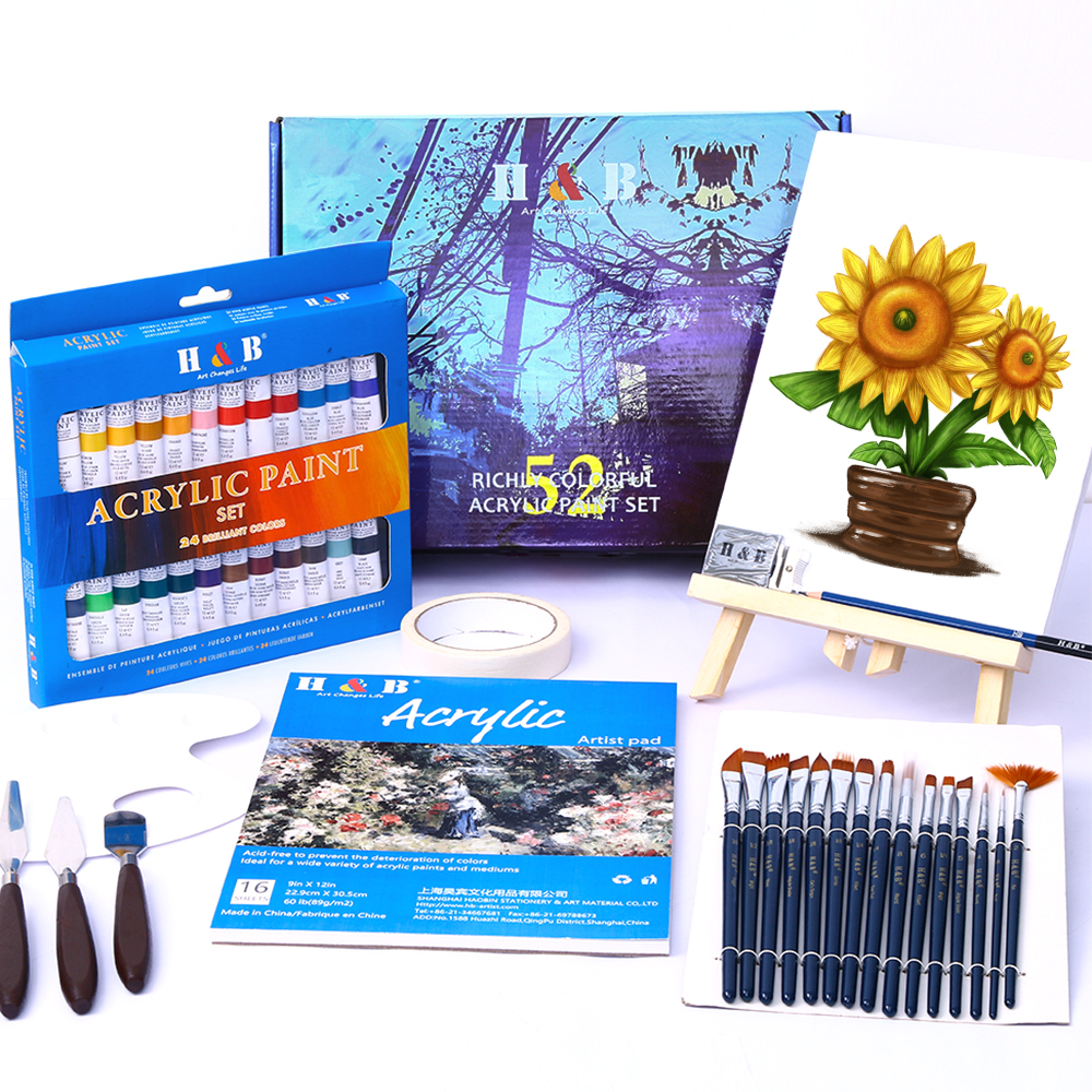 OEM art supplier 52pcs art set Includes Colorful Acrylic Paints, Brushes, Canvas, and Palette