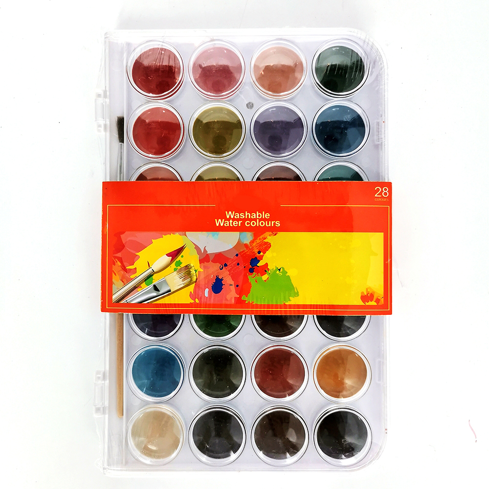 Watercolor Paint Kits Customized 28 Colors Round Shape Solid Watercolor Cake with 1 Pcs Paint Brush